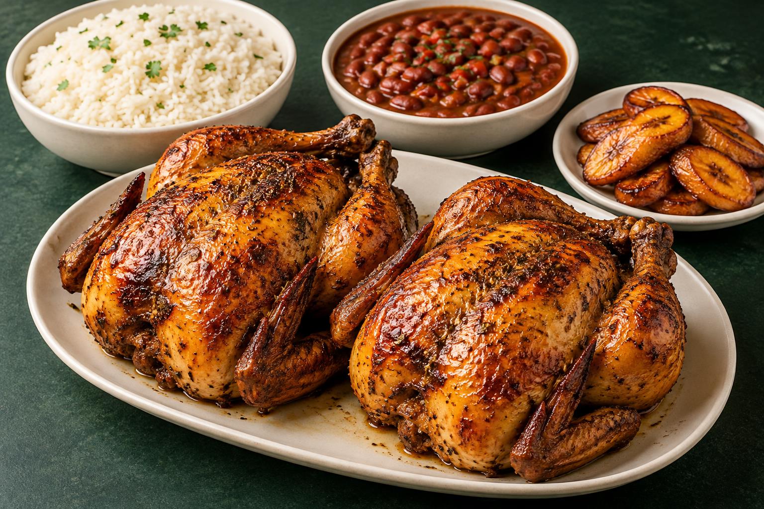Illustrative two roasted chickens combo with its listed sides