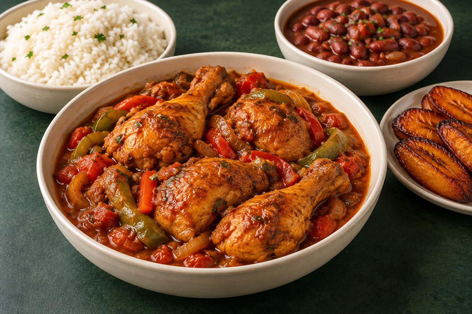 Illustrative large chicken stew combo with its listed sides