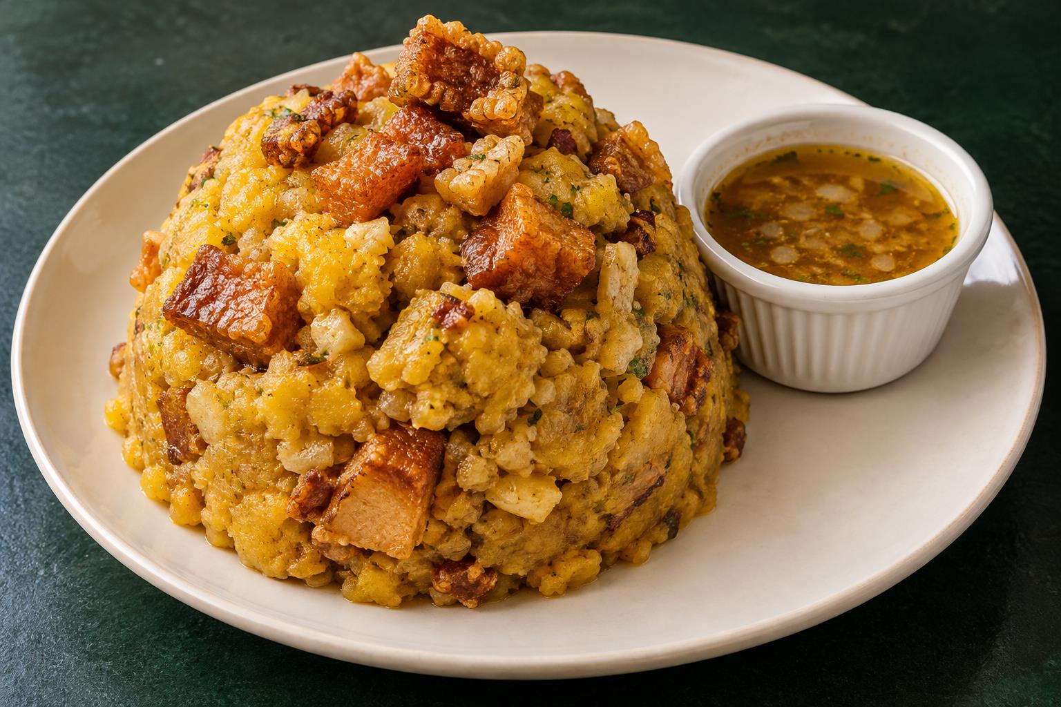 Illustrative pork-skin mofongo with a small bowl of broth